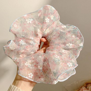 闆娘推薦🌈柔軟泡泡紗韓國粉色碎花大腸髮圈女高級感仙氣慵懶風頭繩髮飾超大