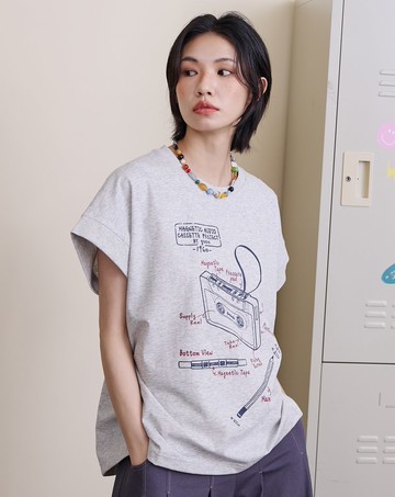 復古錄音帶連袖長版涼感上衣(兩色)