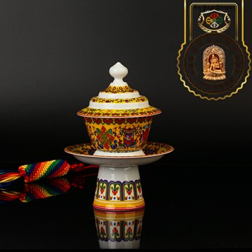 西藏紅吉祥八寶圖案陶瓷茶杯民族特色餐具高腳杯茶盞供上師用