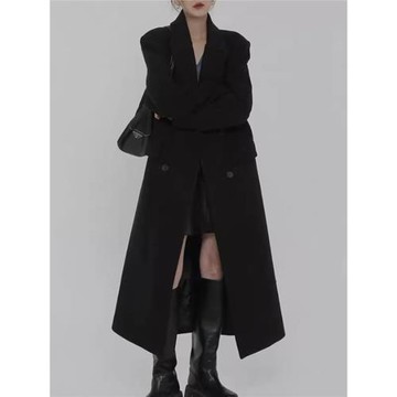 黑色西裝毛呢外套女加棉加厚2025秋季新款韓版加長款正肩呢子大衣