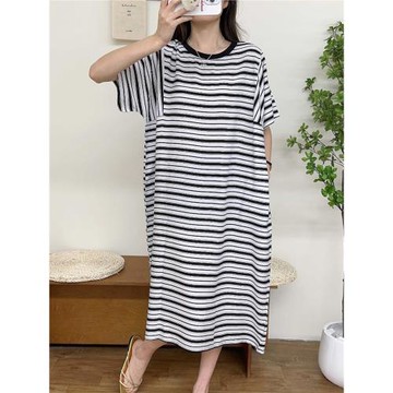 夏季短袖人造棉可外穿慵懶風睡裙棉綢圓領女款韓版休閑條紋連衣裙