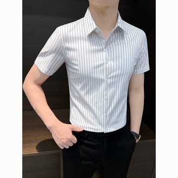 短袖襯衫 免燙 抗皺 輕奢條紋夏季短袖襯衫免燙休閒韓版潮流抗皺冰絲新款職場商務襯衣0606