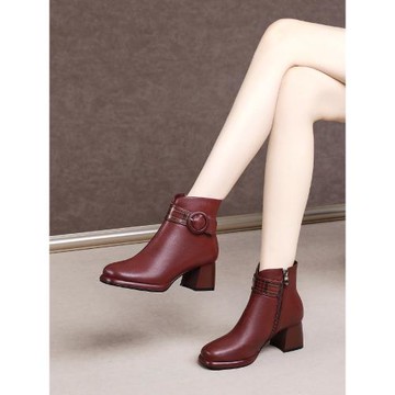 粗跟短靴女防水臺2025秋冬新款真皮中跟單靴酒紅厚底靴子高端女靴