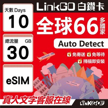 LINKGO白鑽卡 全球66國 eSIM卡 10天上網卡 總流量30GB(全球網卡 亞洲 歐洲 美洲 大洋洲 非洲)