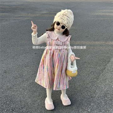 原創童裝2024冬季新款女童彩虹背心連衣裙兒童娃娃領燈芯絨背帶裙