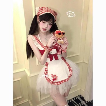 【純欲氣質可愛】Glove 夏季新款 日系 女僕套裝 撞色 吊帶上衣 蓬蓬紗裙 揹帶圍裙 上衣 吊帶 圍裙