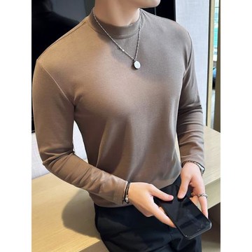 男士純棉圓領打底衫男秋冬半高領裸感無縫純色內搭上衣長袖t恤潮