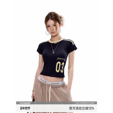 ICH MODE 美式修身正肩短袖t恤女夏季新款條紋球衣粉色半袖小上衣