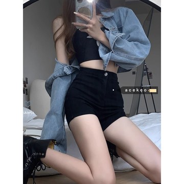 P3-【免費參觀】牛仔褲 牛仔長褲 長褲女 褲子 黑色牛仔短褲女春秋薄款2024年新款高腰寬鬆a字超短緊身熱褲辣妹