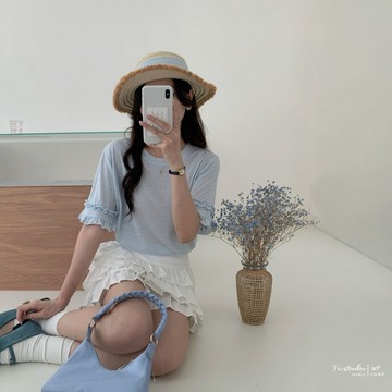 親膚荷葉花邊短袖上衣 圓領 棉質 透氣 彈性 女生 女裝 FW美衣 K0557