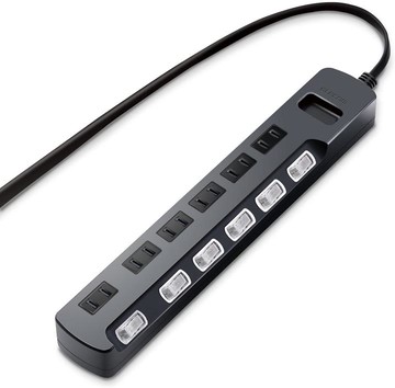 【日本代購】Elecom 宜麗客 電源插座 防雷保護 單個開關 帶防塵快門 擺動插頭 6個口 5米 黑色