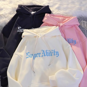 愛依依  帽T  學院風  大學T  學生上衣 保暖衫 S-3XL秋冬加絨加厚字母連帽百搭上衣-8867.