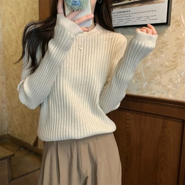 韓版軟糯坑條設計圓領內搭針織打底衫毛衣女