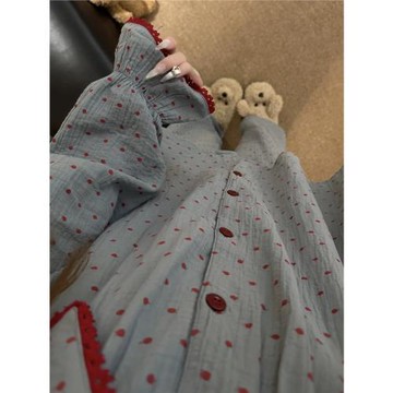韓系娃娃領波點長袖睡衣女春秋款2025新款甜美撞色寬松家居服套裝