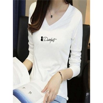 白色純棉長袖t恤女春秋薄款修身v領字母印花內搭雞心領打底衫上衣