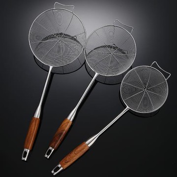 304不銹鋼漏勺撈面勺木柄家用廚房油炸餃子撈勺過濾網篩大號線漏