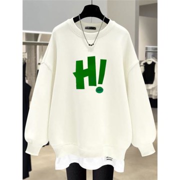 米白色假兩件衛衣女寬松加絨2025秋冬新款字母印花薄款中長款上衣