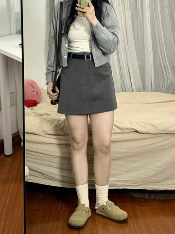 灰色西裝短裙女小個子夏季大碼胖mm高腰顯瘦梨形身材a字半身裙子【木屋雜貨】