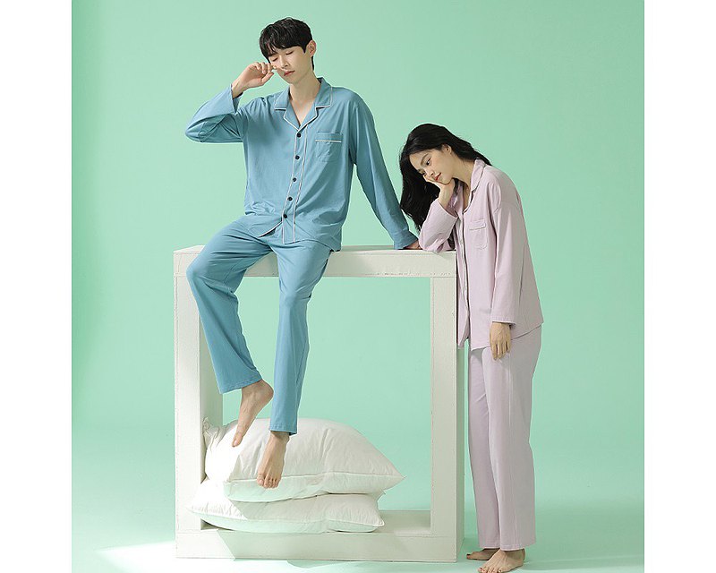 春秋款情侶睡衣純色純棉抗菌長袖長褲家居服可外穿居家服套裝男女