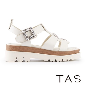 TAS 魚骨編織方鑽釦飾魔鬼氈厚底涼鞋 米白 #45322