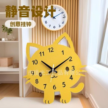 跨境卡通小貓掛鐘學生創意時尚客廳臥室超靜音鐘表兒童房裝飾貓咪