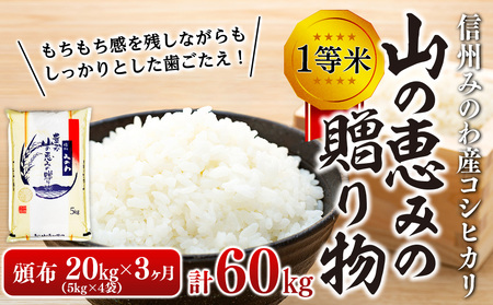 ３ヶ月連続お届け 定期便 信州産 コシヒカリ 1等米 「山の恵みの贈り物」 20kg（5kg×4袋）　計60kg （ お米 コシヒカリ 白米 搗きたて米 低温貯蔵米 食品