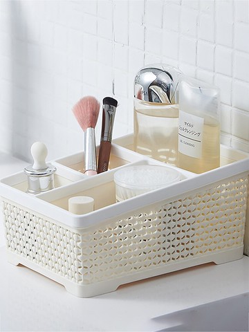 仿藤編化妝品收納盒梳妝臺化妝盒分格桌面塑料護膚品置物架