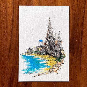 枯枝筆速寫 台南景點 漁光島日落塔 水彩 插畫 手繪明信片