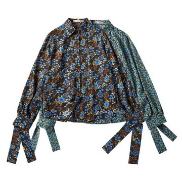 LOEN 原創設計早秋新款日系復古文藝印花長袖綁帶寬松襯衫女FUDGE