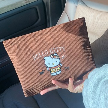 化妝包🎀 新款刺繡豹紋kitty貓化妝包秋冬條絨大容量收納袋便攜旅游內膽包 kitty化妝包 kitty收納包 化妝袋