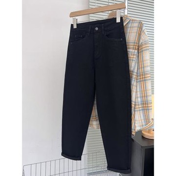 大碼女裝秋季新款黑色老爹牛仔褲胖mm梨形身材寬松顯瘦九分哈倫褲