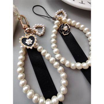 氣質黑色山茶花手機掛繩汽車鑰匙扣包包飯卡掛件珍珠鏈短款腕帶女