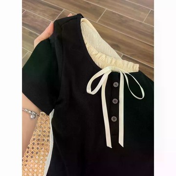 正肩短袖t卹女  2026夏新款百搭巨推薦~~純欲假兩件正肩短袖t卹女設計感韓系百搭上衣潮流WH