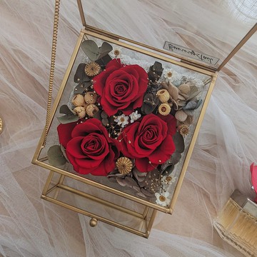 永生花抽屜珠寶盒-復古紅 玫瑰/玻璃盒/實用