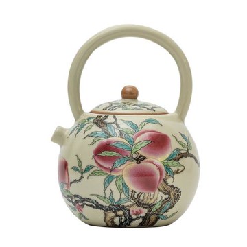 仿古汝窯九桃提梁壺復古陶瓷茶壺家用茶水壺開片可養大容量泡茶壺