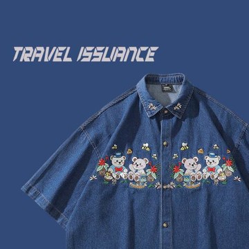 TRAVEL ISSUANCE 日系原宿小熊花朵刺繡短袖復古水洗寬松牛仔襯衫