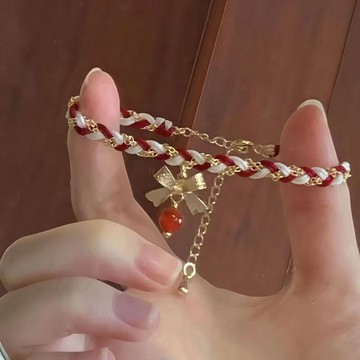 平安手鍊聖誕聖誕節手鍊金色小衆氛圍紅綠編繩簡約蝴蝶結秋冬精緻編織手繩手鍊 手環 手鏈 飾品 手飾 女生手鍊 韓系溫柔