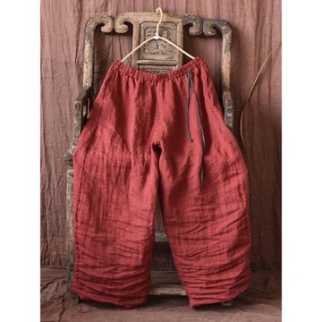 春秋款砂洗亞麻蘿卜褲寬松休閑闊腿長褲女內里包縫松緊腰禪意國風