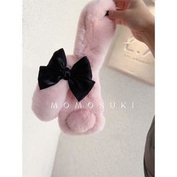 BLACK&PINK 日韓新款甜酷ins風毛絨兔子蘋果16Promax14手機殼iPhone15pro獺兔毛保護套少女蝴蝶結珍珠斜跨鏈