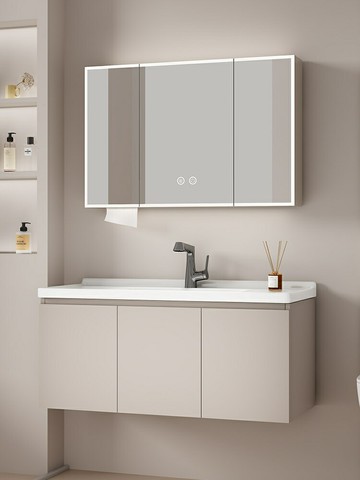 奶油風浴室柜蜂窩鋁陶瓷一體盆簡約洗手洗臉洗漱盆柜組合/洗手盆/洗臉盆/洗漱盆/陶瓷盆/浴室盆/鏡櫃洗手盆一體式