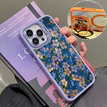 藍色花朵 磁吸防摔殼 金屬鏡頭支架 磁吸手機殼 iPhone 17 16 15 14 13 12 11 Max 防摔殼