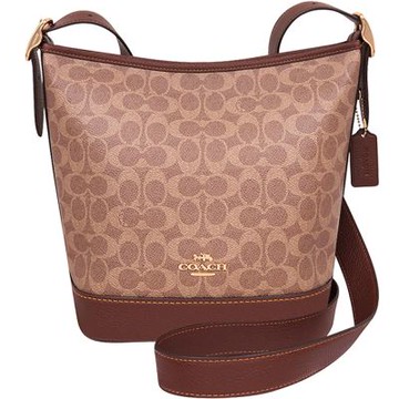 COACH 咖啡棕色大C PVC肩背/斜背水桶包-大型