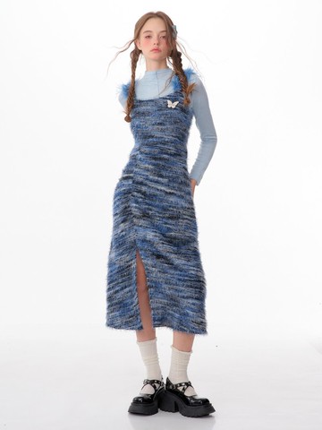 ziziFei秋冬季設計感毛毛條紋修身顯瘦吊帶打底內搭針織連衣裙女