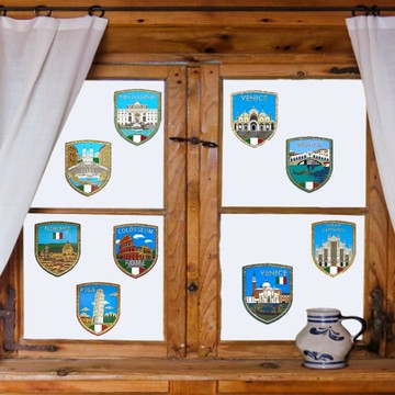 《征服世界玻璃貼系列》金色盾牌義大利免膠靜電貼 一套9入 威尼斯玻璃貼 比薩斜塔靜電貼 羅馬競技場 窗戶玻璃貼 撕下不殘膠 佛羅倫斯玻璃貼紙 異國窗貼