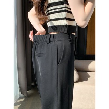 黑色西裝褲女夏季小個子后松緊高腰煙管褲寬松直筒九分小腳哈倫褲