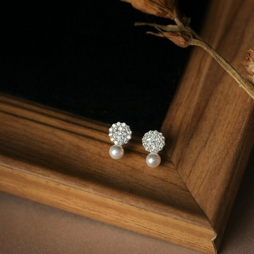 Sweet Air Y0131 小巧滿鑽珍珠純銀耳環 通體純銀 S925純銀鍍14K金 日韓系復古輕奢寶石耳環