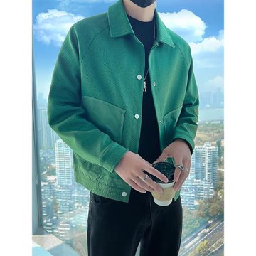 斜紋綠色外套潮牌高級感男輕熟風春秋冬新款翻領痞帥夾克潮男上衣