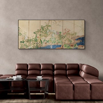 藝術掛畫｜琳派｜尾形光琳| 春秋草花図屏風 - 左 - 橡木色鋁框-60*120cm