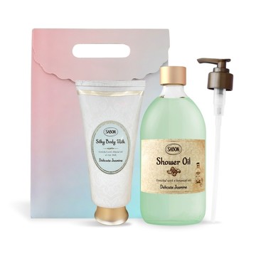 SABON 茉莉花語絲綢Q彈肌必備組[沐浴油500ml+絲綢身體乳液200ml]-國際航空版