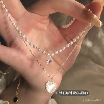 ♡ 𝑪𝒉𝒊𝒄 𝒖 ♡ 小紅書衕款淡水珍珠雙層疊戴愛心項鏈女輕奢小衆設計高級感鎖骨鏈